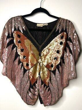 Vintage 1970’s Sequin Butterfly V-Neck Top in Black and Gold One Size  Silk EUC